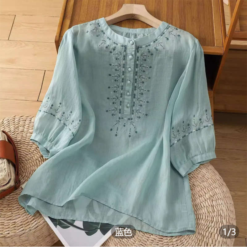 Embroidery On Shirt - Retro Embroidered Mom Shirt Women's Summer