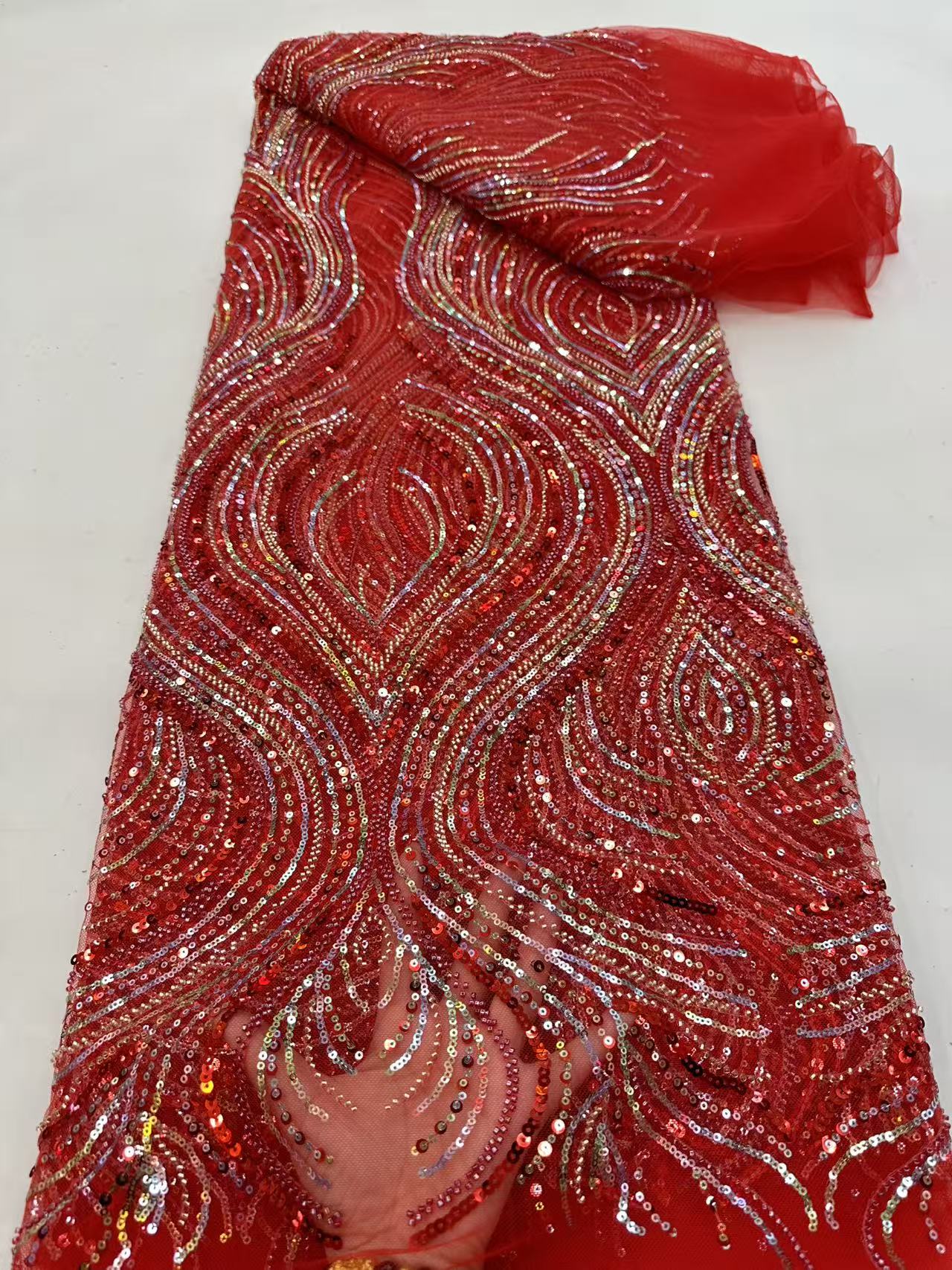 Embroidery Gradient - Luxury Red African Beaded Mesh Lace