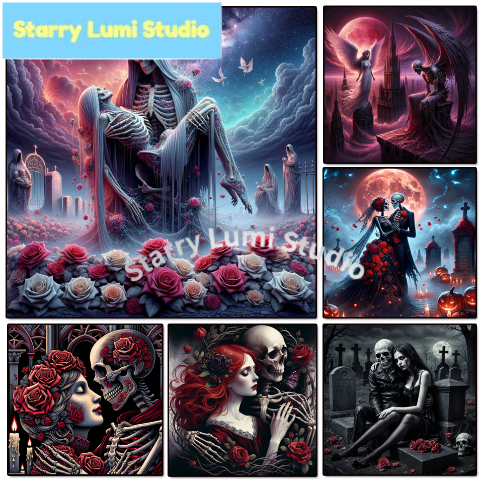 Embroidery Red - 5D Diamond Painting Gothic Lady Skeleton