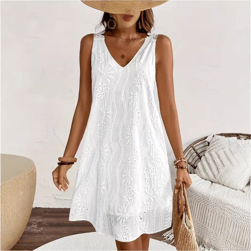 Embroidery Eyelet - Women's White V Neck Eyelet Embroidery