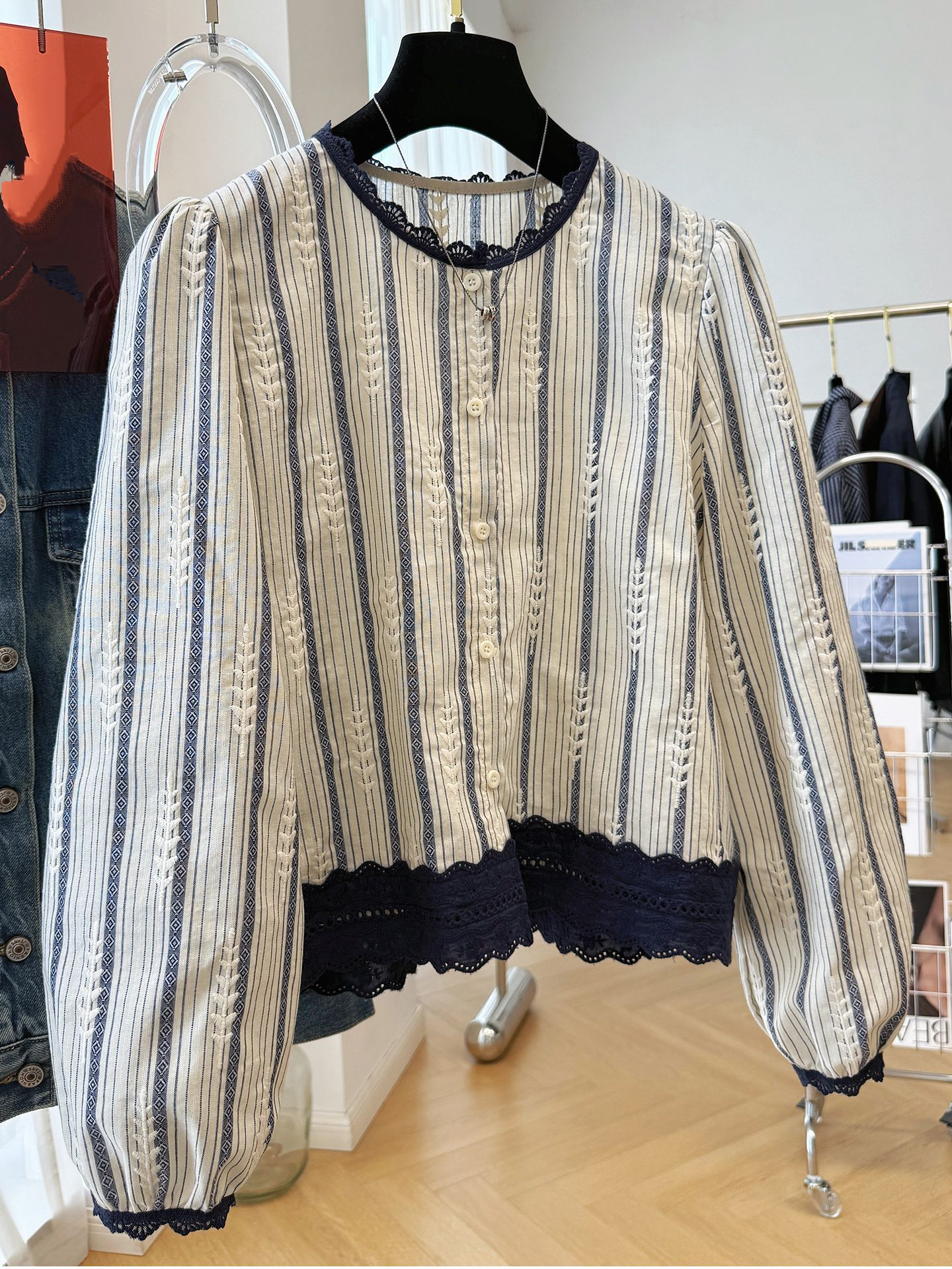 Embroidery A - Women's Striped Lace Trim Blouse, Elegant