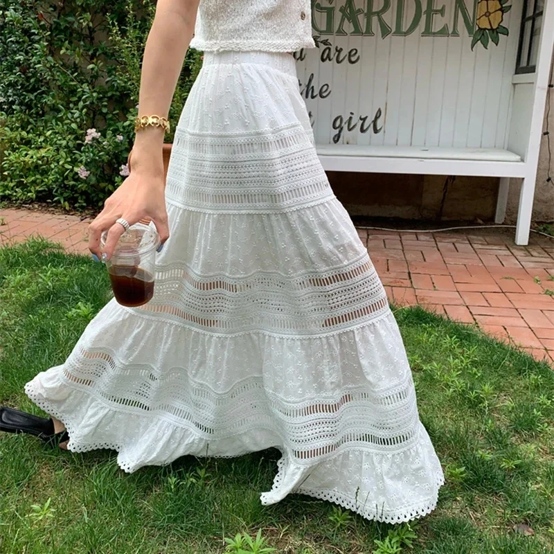 Embroidery Eyelet - Embroidery Eyelet Cut-out Maxi Skirt White