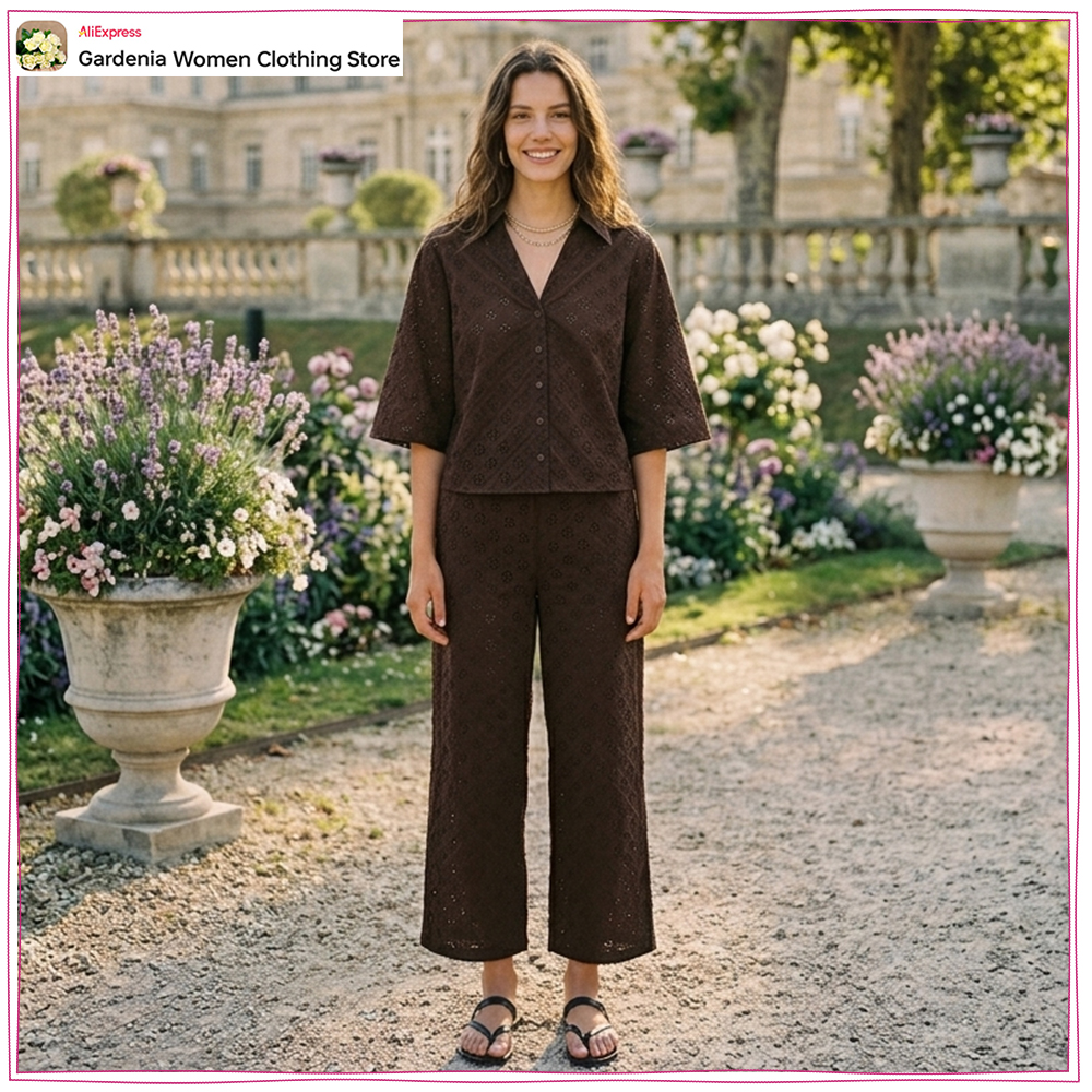 Embroidery Eyelet - Relaxtion Eyelet Embroidered Pant Sets for