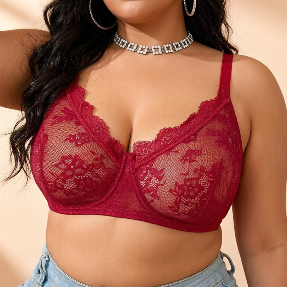 Women Plus Size Red Lace Sheer - огляд і ціна Embroidery Red
