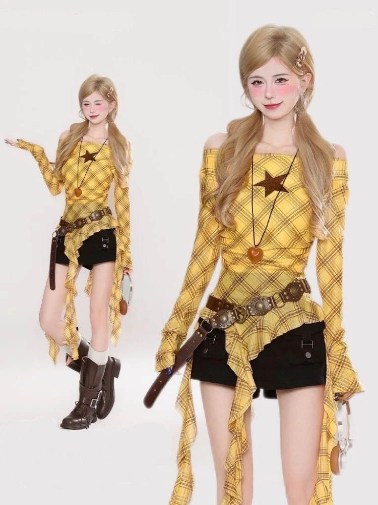 Y2K Plaid Slash Neck Vintage T - огляд і ціна Embroidery A