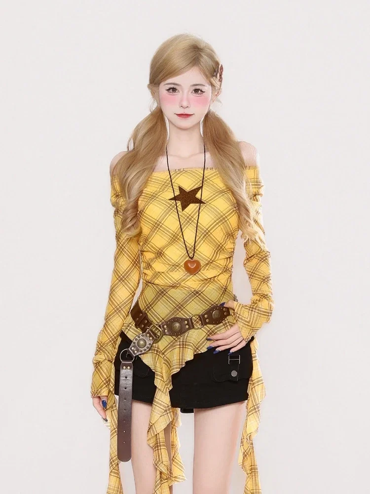 Y2K Plaid Slash Neck Vintage T - огляд і ціна Embroidery A