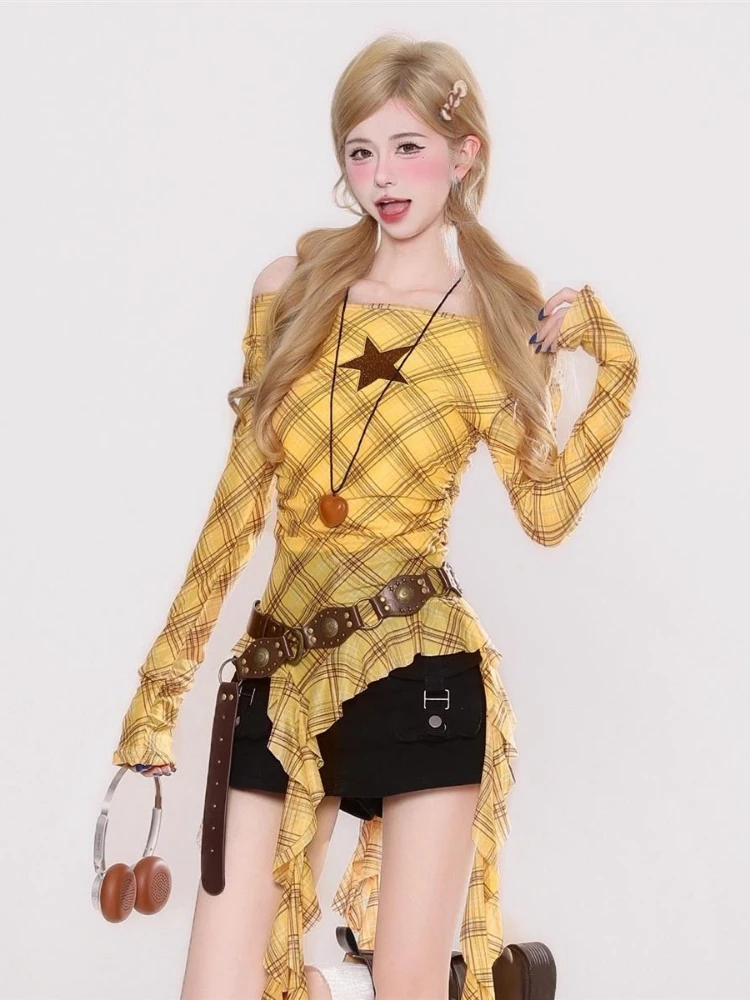 Y2K Plaid Slash Neck Vintage T - огляд і ціна Embroidery A
