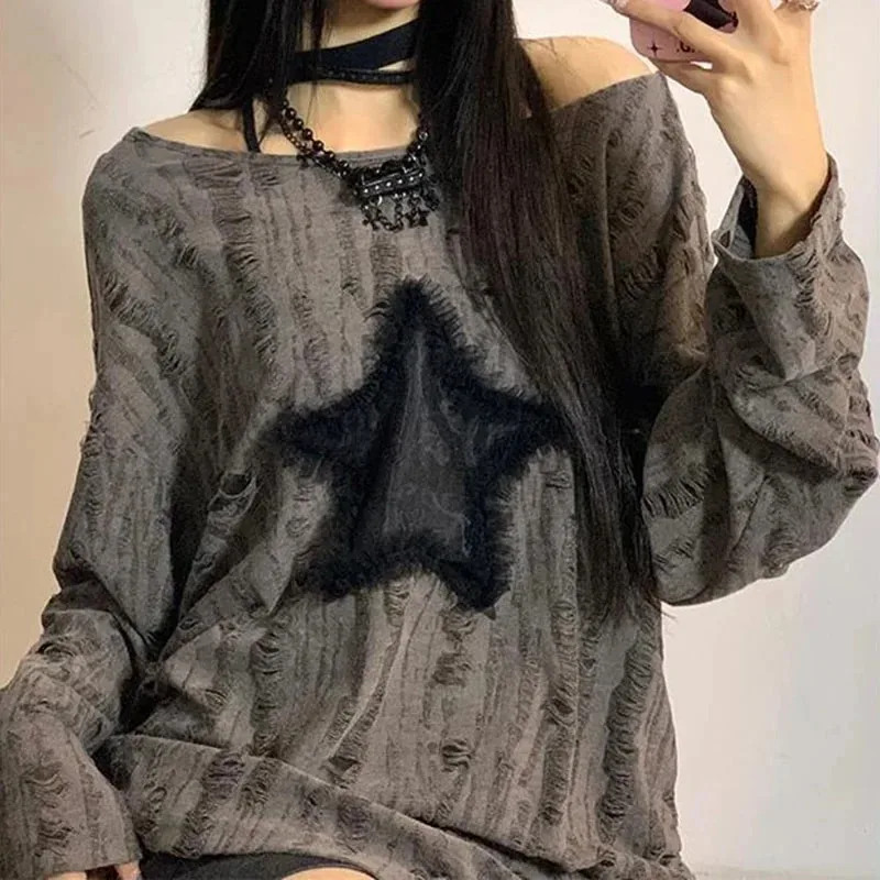 Y2K Hole Star Print T-Shirt Wo - огляд і ціна Embroidery On Shirt